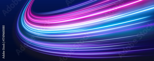 Night highway with dynamic light effects, neon purple, blue, and red glowing trails, and futuristic speed motion visualization. Acceleration speed motion on night road.	