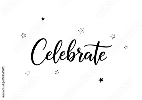 Elegant handwritten Celebrate text surrounded by stars, a festive design element