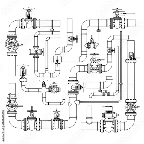Industrial Plumbing System Schematics of Valves and Pipe Fittings Set