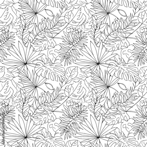 Seamless Tropical Leaf Pattern Elegant Black and White Botanical Illustration