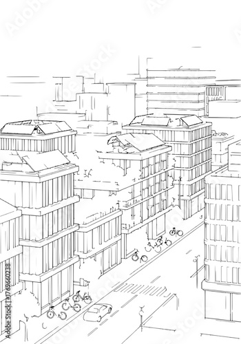 Line art illustration of an urban city street with transport and architecture
