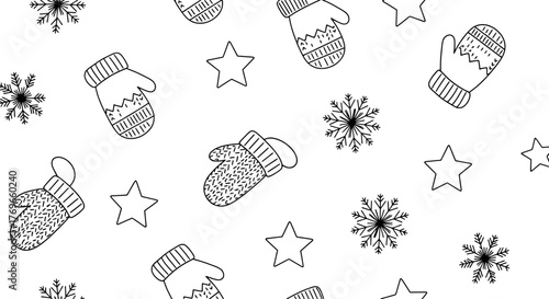 Charming traditional monochrome pattern of winter mittens, snowflakes, and festive stars