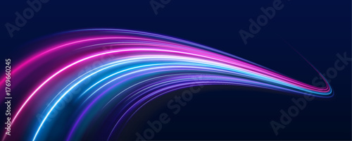 Night highway with dynamic light effects, neon purple, blue, and red glowing trails, and futuristic speed motion visualization. Acceleration speed motion on night road.	
