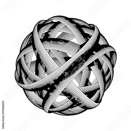 Abstract spherical tangled ribbons with brushstroke texture, a captivating visual artwork