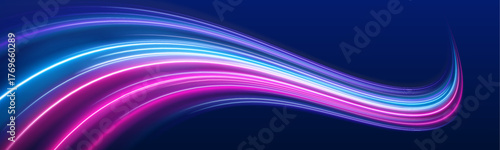 PNG glowing speed lines in red and blue motion streaks, futuristic energy wave, light trail and dynamic blur of night highway movement vector.