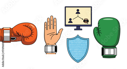 Cybersecurity Fight Against Online Trolling and Misinformation: Digital Security Shield Protecting Against Social Media Harassment, Representing Digital Warfare, Conceptual Image for Tech and Social M