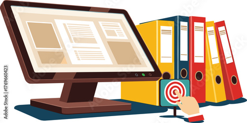 Desktop Computer Display Showing Data with Finger Touching Target Icon, Surrounded by Colorful Office Binders for Business Data Management and Strategy in a Modern Professional Illustration Style (Inf