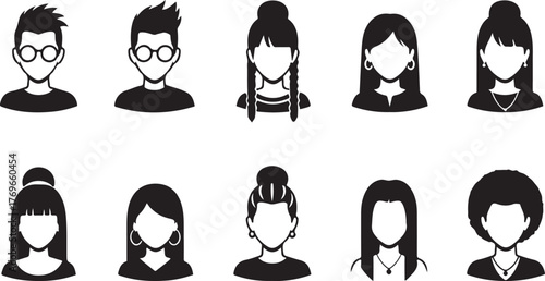 Collection of diverse user profile vector avatars in black and white style
