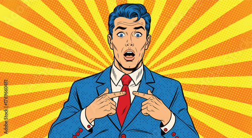 Pop art cartoon man in blue suit pointing at himself with shocked expression, burst background vector for emotion and reaction themes
