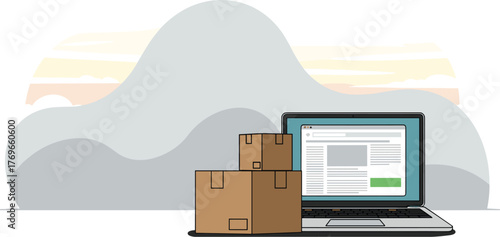 E-commerce Order Processing on Laptop with Cardboard Boxes: Online Shopping for Delivery, Business Management, Supply Chain, Modern Technology, Logistics, Website Presentation, Cargo, Internet, Digita