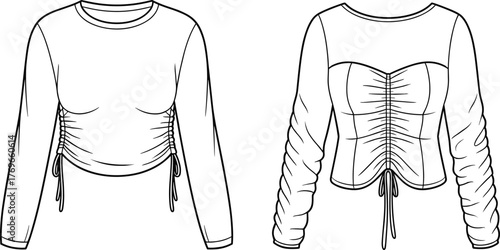 Vector fashion sketch of ruched long sleeve women’s tops with drawstring details, sweetheart neckline, crew neck, and garment texture