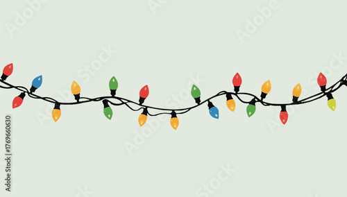 A colorful vector illustration of Christmas lights with a flat design, featuring a string of lights with bulbs of varying shapes and sizes, each emitting a soft gloW