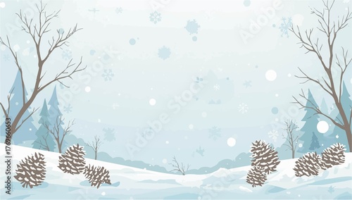 A serene  winter scene with flat design elements, featuring delicate snowflakes, frosty trees, and gentle hills, all rendered in a minimalist style 