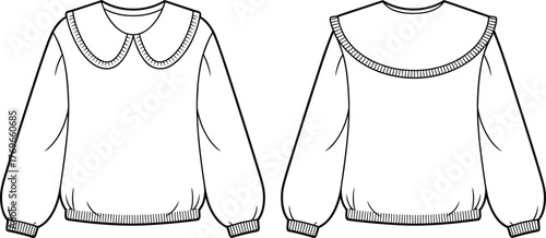 Vector fashion sketch of women’s blouse with Peter Pan collar, puff sleeves, ribbed cuffs and hem, front and back views
