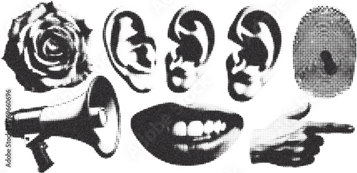 Mouth, Speaker, Head, Fist, Ear Halftone Vector – Perfect for Grunge Punk Collages, Y2K Posters, Music Banners, Vintage Artwork, Retro Illustrations, and Brutalist Design Projects