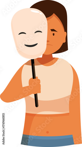 Sad woman holding a happy mask, hiding her depression, anxiety and negative emotions