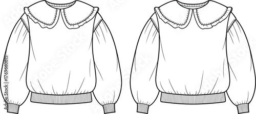 Vector fashion sketch of women’s blouse with scalloped Peter Pan collar, puff sleeves, ribbed cuffs and waistband, front view