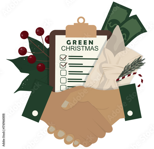 Green Christmas Agreement isolated. Sustainable christmas checklist with business handshake. Eco-friendly Christmas planning and conscious celebration. Eco christmas. Flat style. Vector illustration