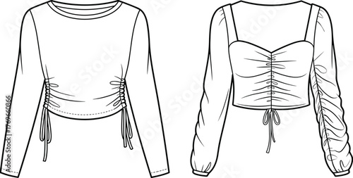 Vector fashion sketch of women’s blouse with pleated wide collar, puff sleeves, gathered cuffs, ribbed hem, front and back views