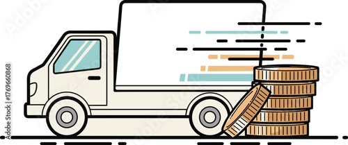 Delivery Truck Moving Quickly with Stack of Coins for Fast Shipping and E-commerce Logistics, Representing Payment Transactions and Financial Investment in Transport Services, Modern Line Art Design f