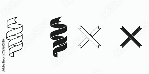Ribbon curl and cross icons isolated on white background