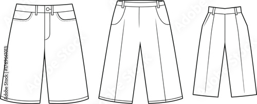 Vector fashion sketch of women’s pants including shorts, wide-leg, and pleated trousers with pockets, waistband, belt loops, front views