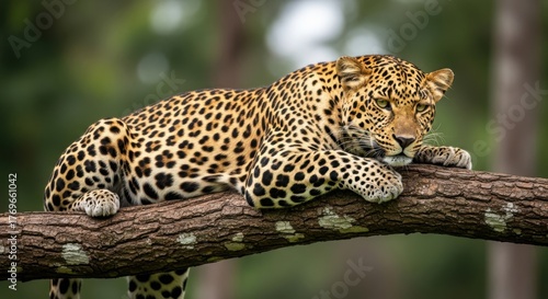 Leopard resting gracefully on a tree branch amidst lush green foliage