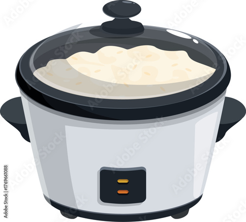 White electric rice cooker with cooked rice inside, ready to serve a delicious meal