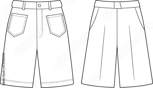 Vector fashion sketch of women’s shorts with curved front pockets, flap back pockets, belt loops, fly front, front and back views