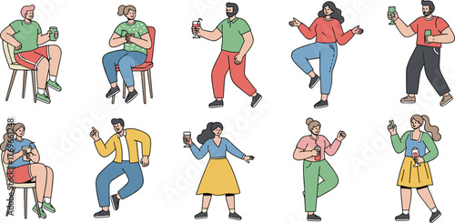 Cartoon people holding drinks, social gathering, party scene, casual outfits, dancing, sitting, celebration mood, fun activity, lifestyle illustration, joy