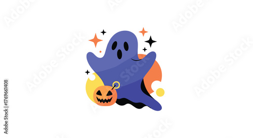 Friendly blue ghost holding a carved jack-o'-lantern, surrounded by sparkling stars and abstract shapes, perfect for Halloween celebrations.