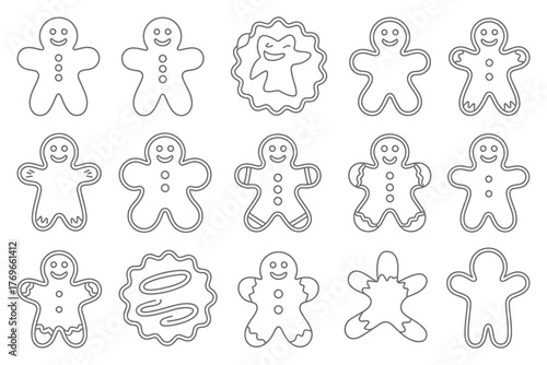 A collection of outlined gingerbread men and cookies with various designs