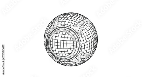 Intricate line art illustration of a three-dimensional geometric sphere featuring a detailed grid and stylized indentations.