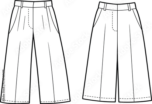 Vector fashion sketch of women’s trousers and culottes with belt loops, side pockets, center seams, straight and wide-leg silhouettes