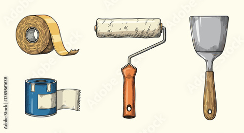 Essential hand tools for painting and home improvement projects, featuring rolls of tape, a paint roller, and a spatula, rendered in a vintage style.