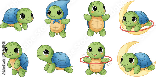 Cartoon turtle character in playful poses, moon sitting, hula hooping, walking, crawling, cheerful expressions, children’s illustration, fun, activity