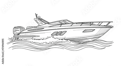 A detailed black and white sketch of a modern motor yacht with an outboard engine, cruising on the water and creating waves.