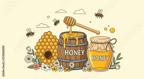 A delightful illustration showcasing honey-filled containers, a beehive, and busy bees amidst blooming wildflowers, symbolizing nature's sweet bounty.