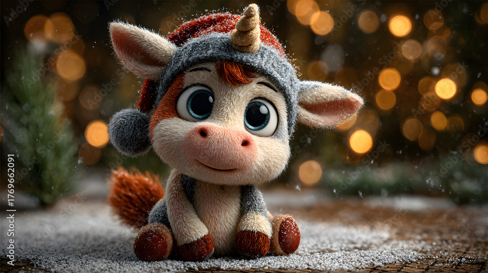Naklejka premium A cute 3D chibi unicorn wearing a Santa hat, sitting on snow with festive holiday lights and a warm Christmas atmosphere. Perfect for greeting cards, children’s illustrations, and winter fantasy artwo