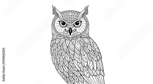Detailed illustration of a watchful owl with prominent ear tufts, rendered in a striking monochrome Zentangle style for creative projects.