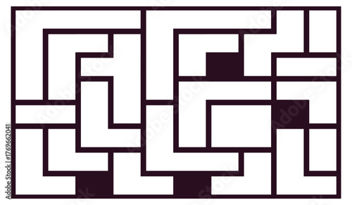 Intricate geometric maze puzzle with white l shaped pieces and dark square obstacles on a white background