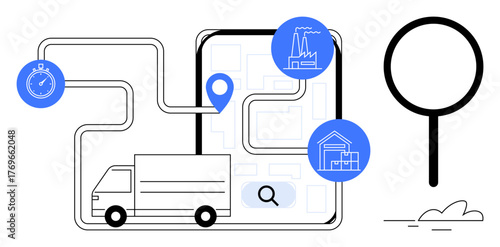 Delivery truck routes over tablet map with icons for stopwatch, factory, and warehouse. Ideal for logistics, supply chain, delivery, optimization, tracking planning e-commerce. Simple flat metaphor