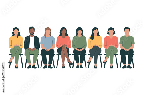 A diverse group of people sitting in a row on chairs against white background