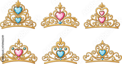 Golden tiaras with heart-shaped gemstones, ornate scrollwork, cartoon style, royal accessories, princess crown set, decorative design, fantasy illustration
