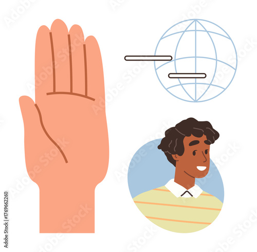 Raised hand next to a globe with lines and a smiling individual. Ideal for global communication, human rights, diversity, inclusiveness, cooperation, awareness, connectivity. Simple flat metaphor