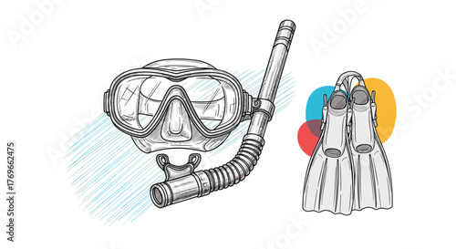 Illustration of snorkeling gear including a diving mask, snorkel, and swim fins, ready for an underwater adventure.
