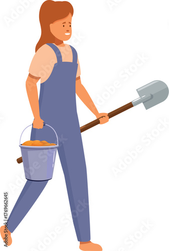 Farmer carrying harvested potatoes in metal bucket and shovel, walking towards destination