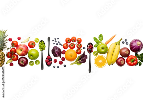 Colorful Array of Fruits and Vegetables on White Background.