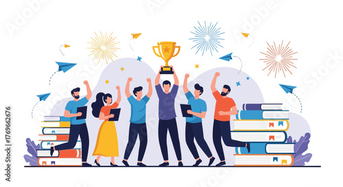 Group of people celebrating academic or team success, holding a trophy amidst books, fireworks, and paper planes.