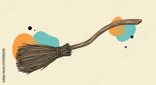 Whimsical hand-drawn illustration of a witch's broomstick flying across a light beige background with abstract shapes.